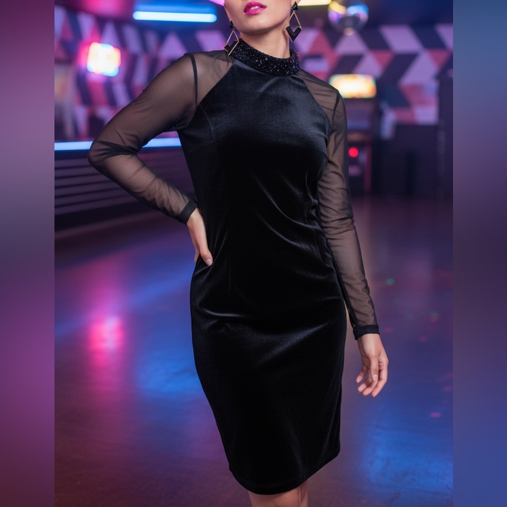 J.R. Nites women's 8 evening Princess darts Velvet Mesh  Black‎ Vintage Dress